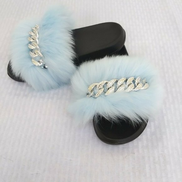 Light Blue Faux Fur Slides/Slippers/With Chain - Picture 4 of 5